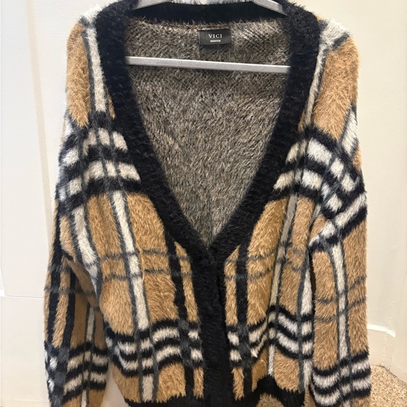 Vici Sweaters - Vici Women's Fuzzy Plaid Cardigan - Black and Tan